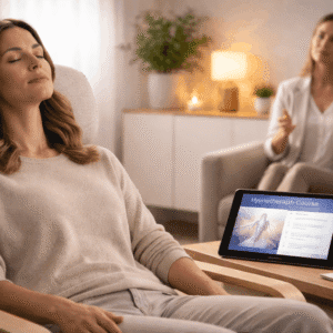 Hypnotherapy course showing guided relaxation session in a calm coaching environment with mindfulness focus