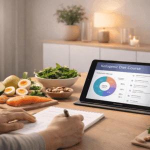 Ketogenic diet course showing meal planning with healthy keto foods and nutrition tracking in a modern learning setup