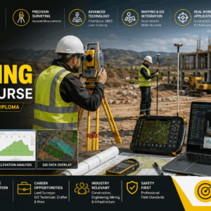 Professional land surveying course banner showing survey equipment, maps, and field measurement tools with land surveying focus