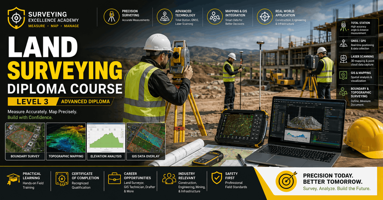 Professional land surveying course banner showing survey equipment, maps, and field measurement tools with land surveying focus