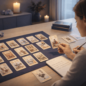 Professional Lenormand card reading training with spread layouts and intuitive interpretation techniques in a calm learning environment
