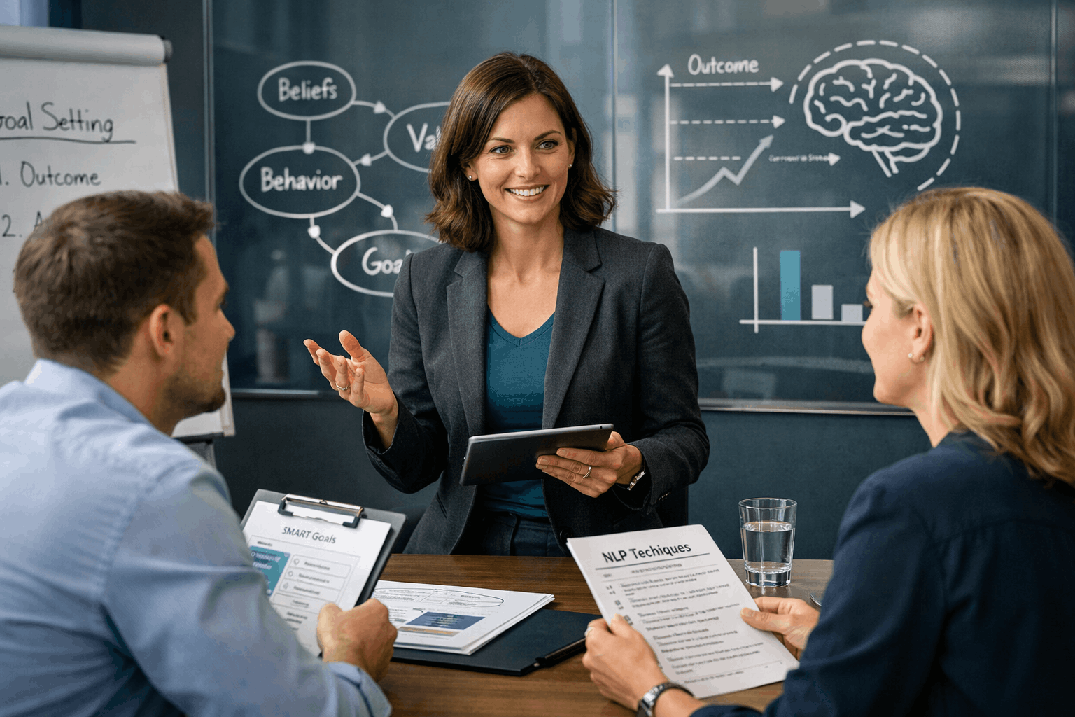 Professional coaching session demonstrating NLP Certification techniques for communication, rapport building, and behavioural change