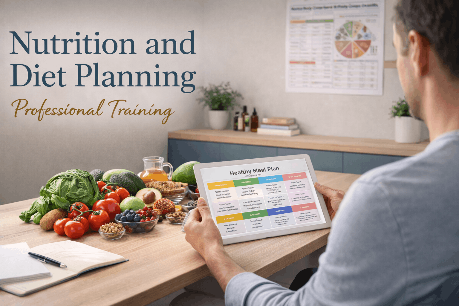 Learner preparing balanced meal plan using nutrition and diet planning tools during professional training session