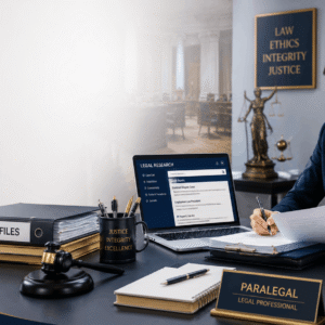 Paralegal course showing legal professional reviewing case documents in a modern law office with legal research tools