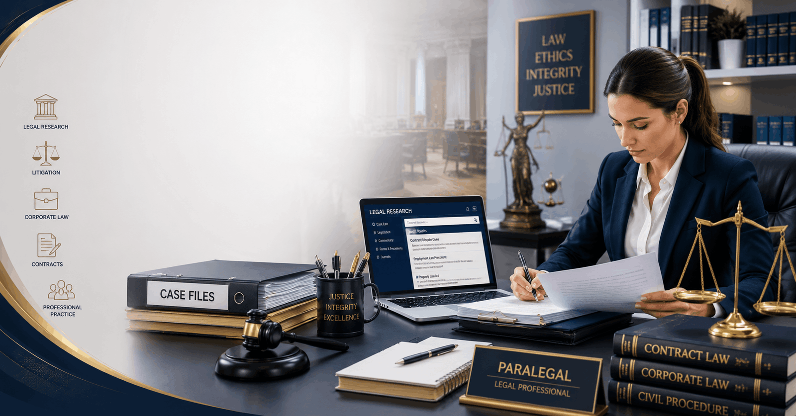 Paralegal course showing legal professional reviewing case documents in a modern law office with legal research tools