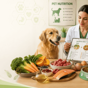 Pet nutrition course showing healthy natural meals prepared for dogs and cats with fresh ingredients and feeding guidance