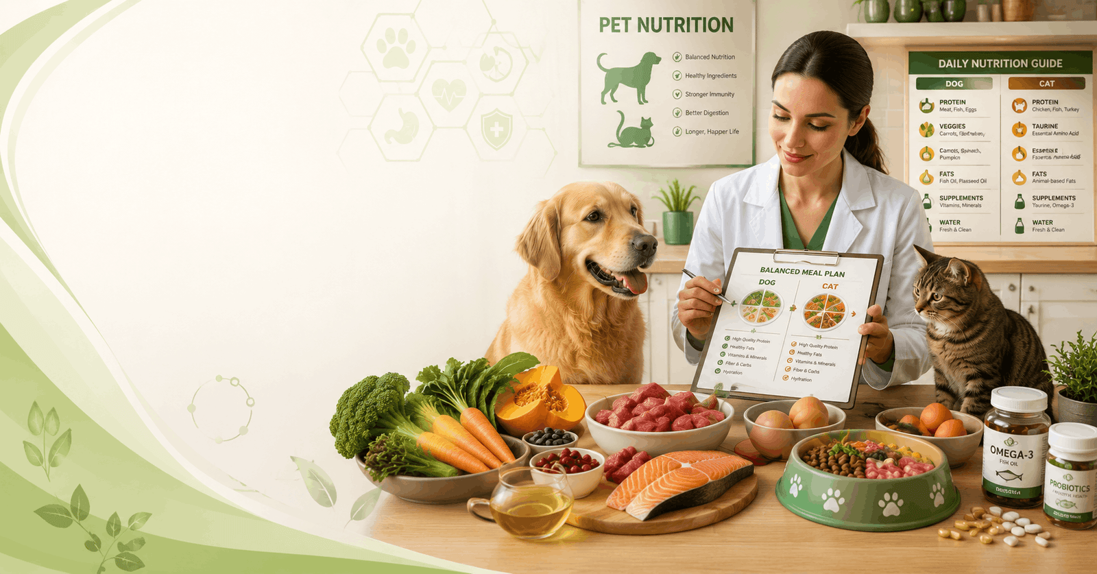 Pet nutrition course showing healthy natural meals prepared for dogs and cats with fresh ingredients and feeding guidance