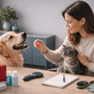 Pet training and care session showing safe interaction with dogs and cats in a professional learning environment