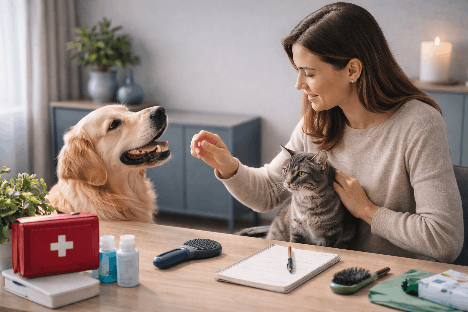 Pet training and care session showing safe interaction with dogs and cats in a professional learning environment