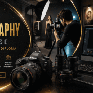 Photography Course banner showing professional camera, editing tools, and studio lighting setup