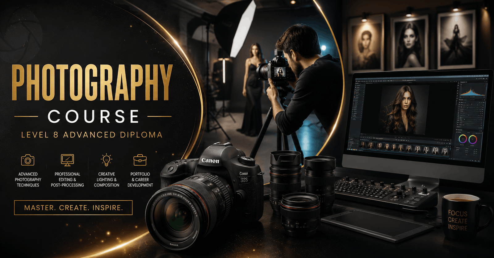 Photography Course banner showing professional camera, editing tools, and studio lighting setup