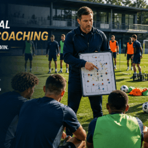 Professional football coaching session with a coach directing players and explaining tactics on a modern training pitch.