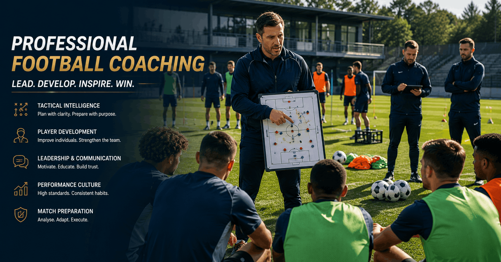Professional football coaching session with a coach directing players and explaining tactics on a modern training pitch.