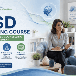 PTSD Counselling Course banner showing therapist supporting trauma recovery in a calm counselling environment