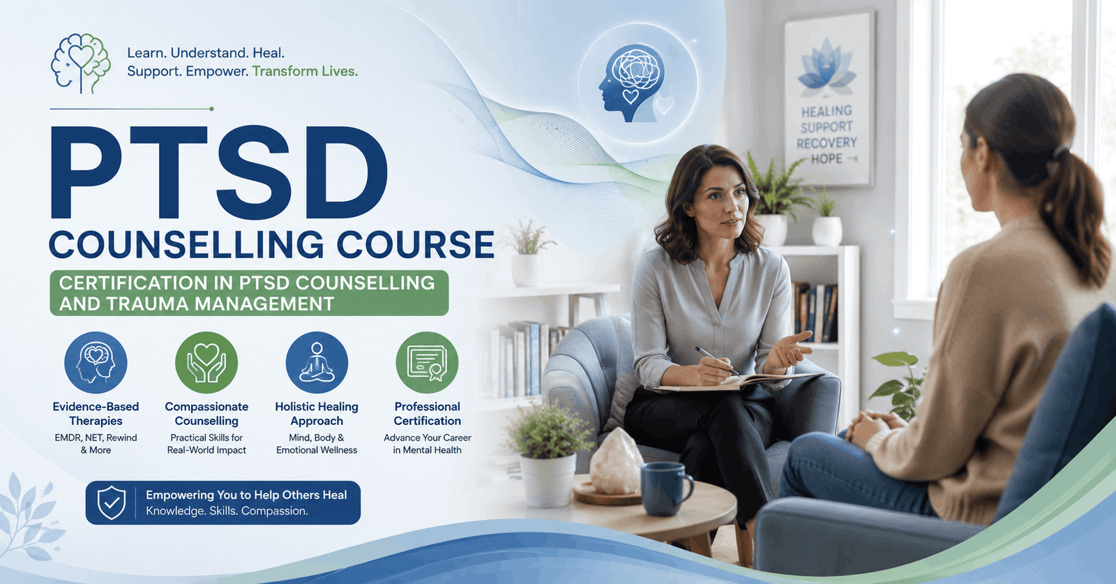 PTSD Counselling Course banner showing therapist supporting trauma recovery in a calm counselling environment