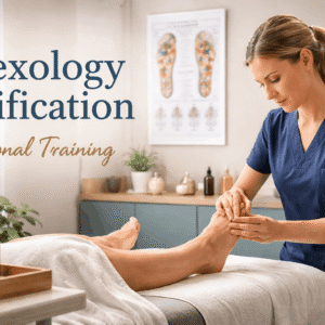 Professional therapist applying foot pressure techniques during reflexology certification training session