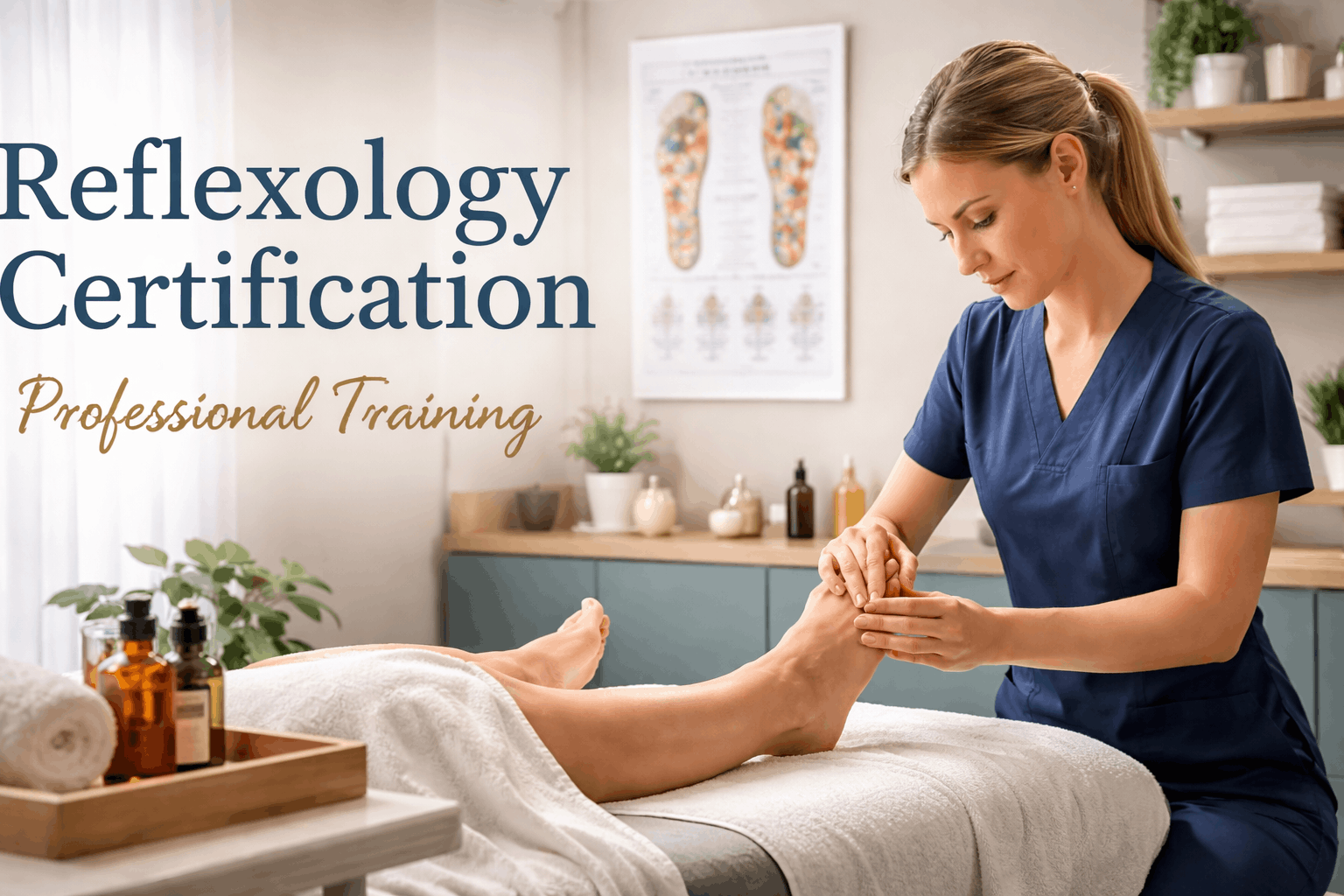Professional therapist applying foot pressure techniques during reflexology certification training session