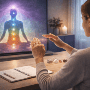 Reiki Master Level training session showing energy healing and chakra alignment techniques in a calm studio setting