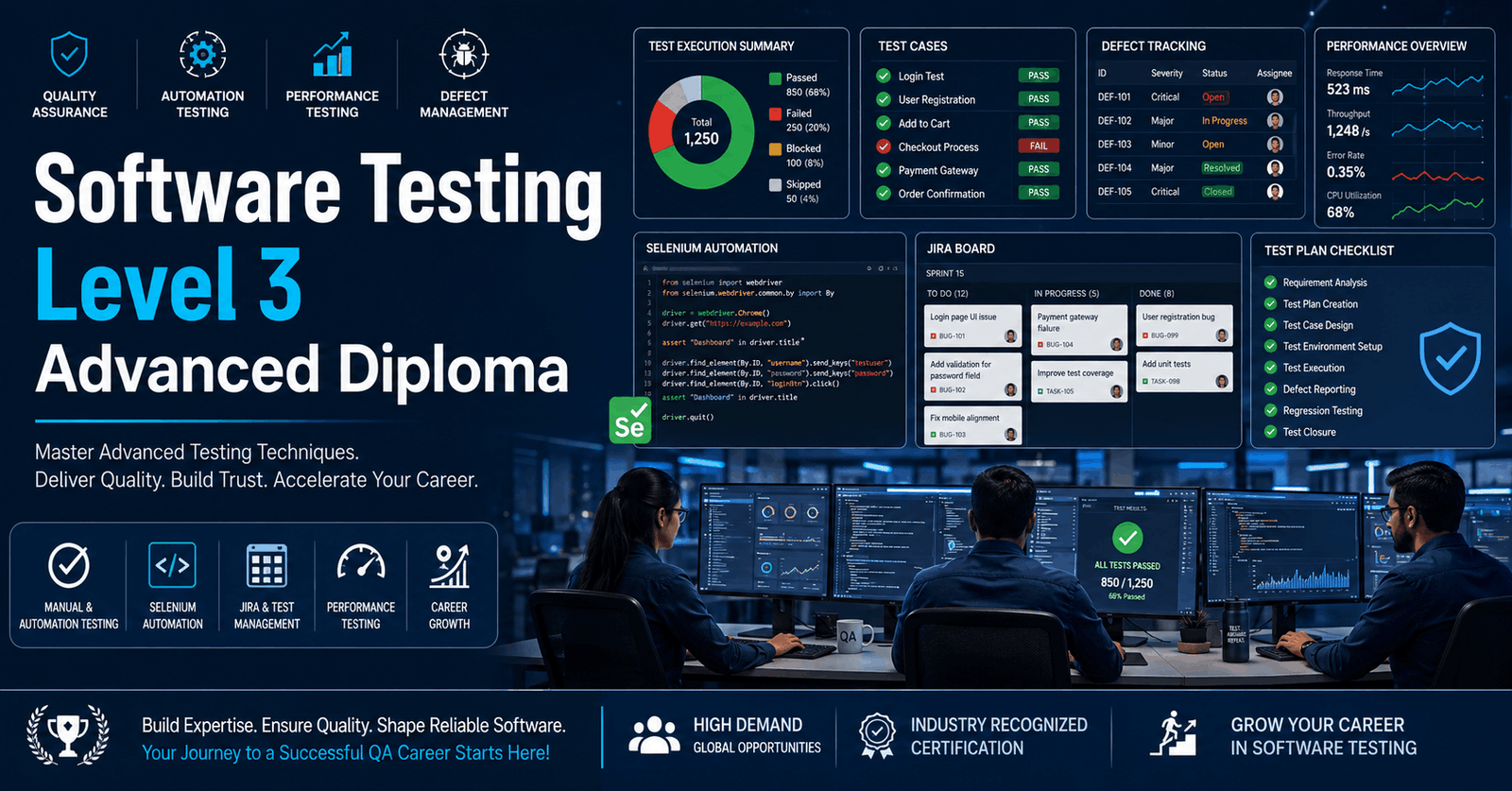 Professional software testing course banner showing QA dashboard, test reports, automation tools, and software testing workflow
