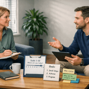 Professional counselling session demonstrating Solution Focused Therapy techniques in a modern therapeutic setting