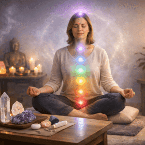 Spiritual Healing Certification training showing meditation, chakra energy flow, crystals, and aura visualisation in holistic practice
