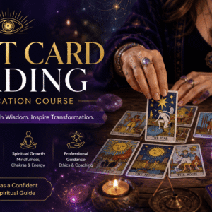 Tarot Card Reading course banner with tarot deck, candles, crystals, and spiritual guidance setup