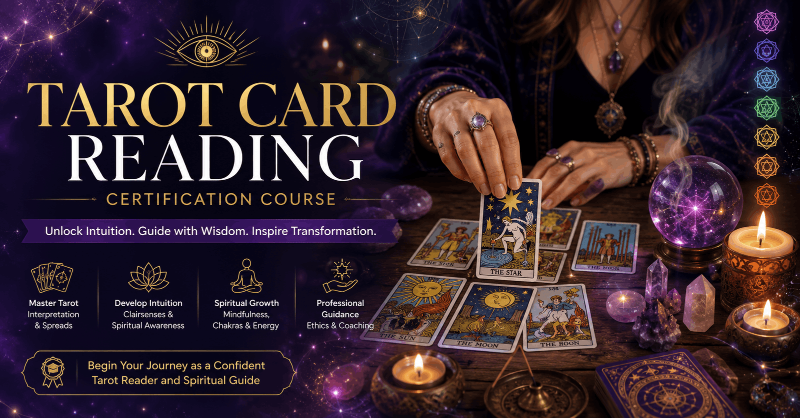 Tarot Card Reading course banner with tarot deck, candles, crystals, and spiritual guidance setup