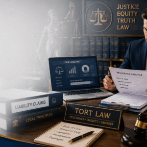 Tort law course showing legal professional reviewing negligence case files in a modern legal office with law resources