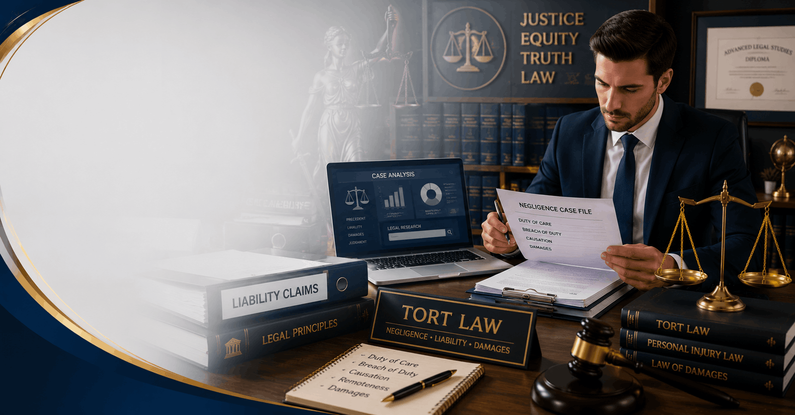 Tort law course showing legal professional reviewing negligence case files in a modern legal office with law resources