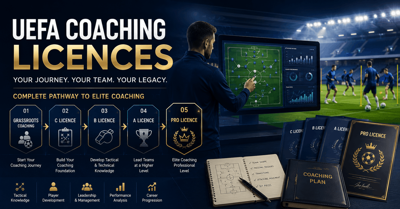 UEFA Coaching Licences guide showing football coaching levels, career pathways and professional development.