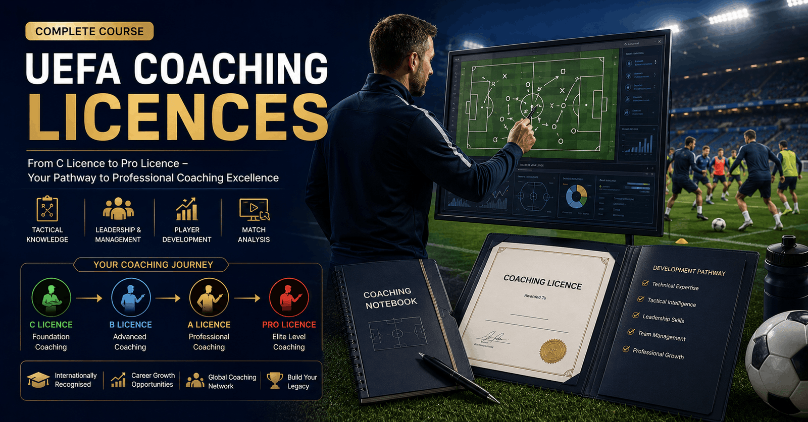 UEFA Coaching Licences guide showing football coaching pathways, training sessions and professional development.