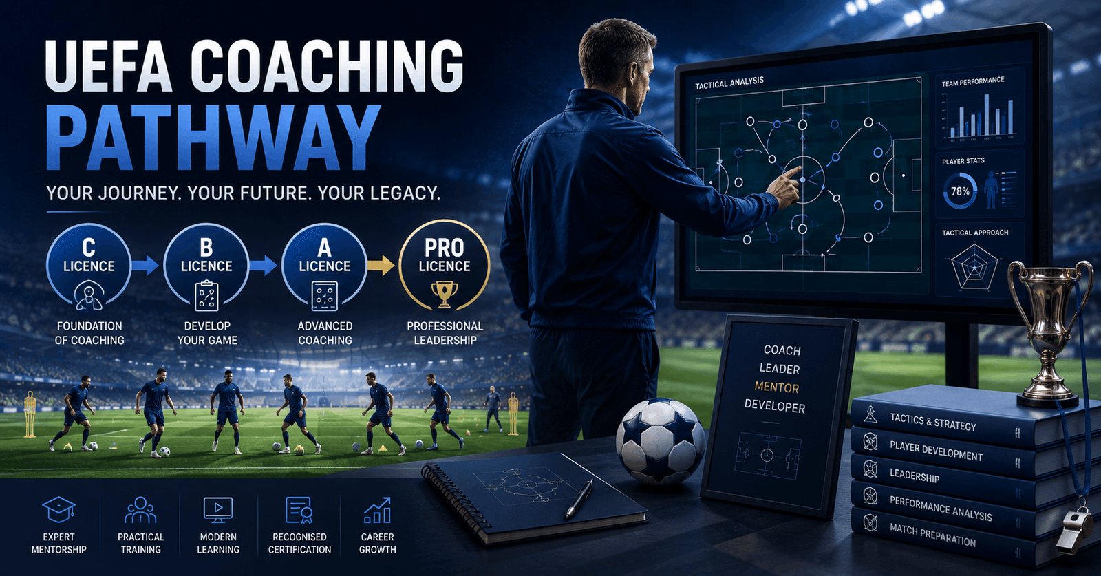 UEFA Coaching Pathway course showing football coaching progression from C Licence to Pro level.