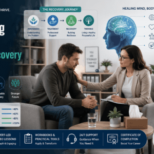 Addiction Recovery Course showing therapy, recovery support, mental health care, and addiction treatment strategies