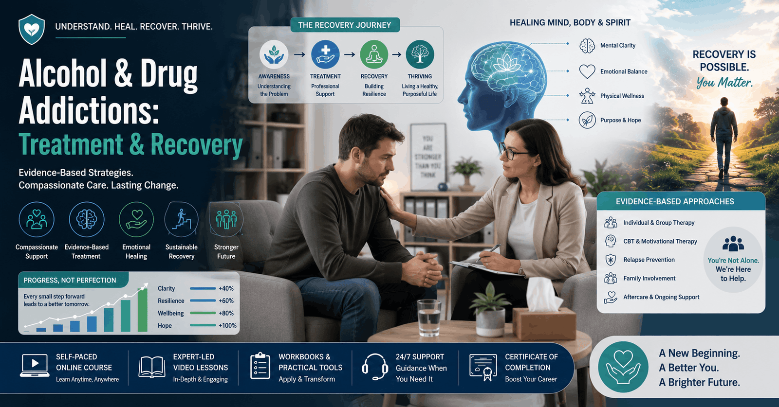 Addiction Recovery Course showing therapy, recovery support, mental health care, and addiction treatment strategies