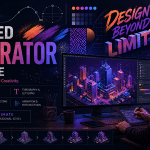 Adobe Illustrator course workspace with vector shapes, pen paths, typography, gradients, patterns and 3D artwork