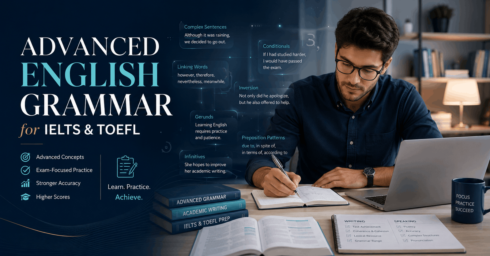 Student studying advanced English grammar for IELTS and TOEFL using notes, books and digital learning resources