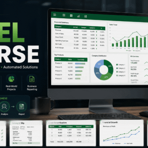 Advanced Excel course workspace showing formulas, financial reports, VBA automation and professional data analysis