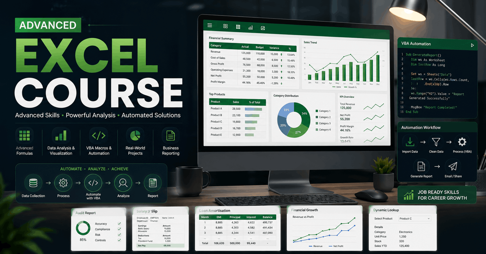 Advanced Excel course workspace showing formulas, financial reports, VBA automation and professional data analysis
