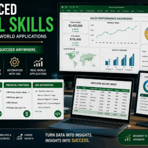 Professional advanced Excel skills course banner showing spreadsheets, formulas, and business data analysis dashboards
