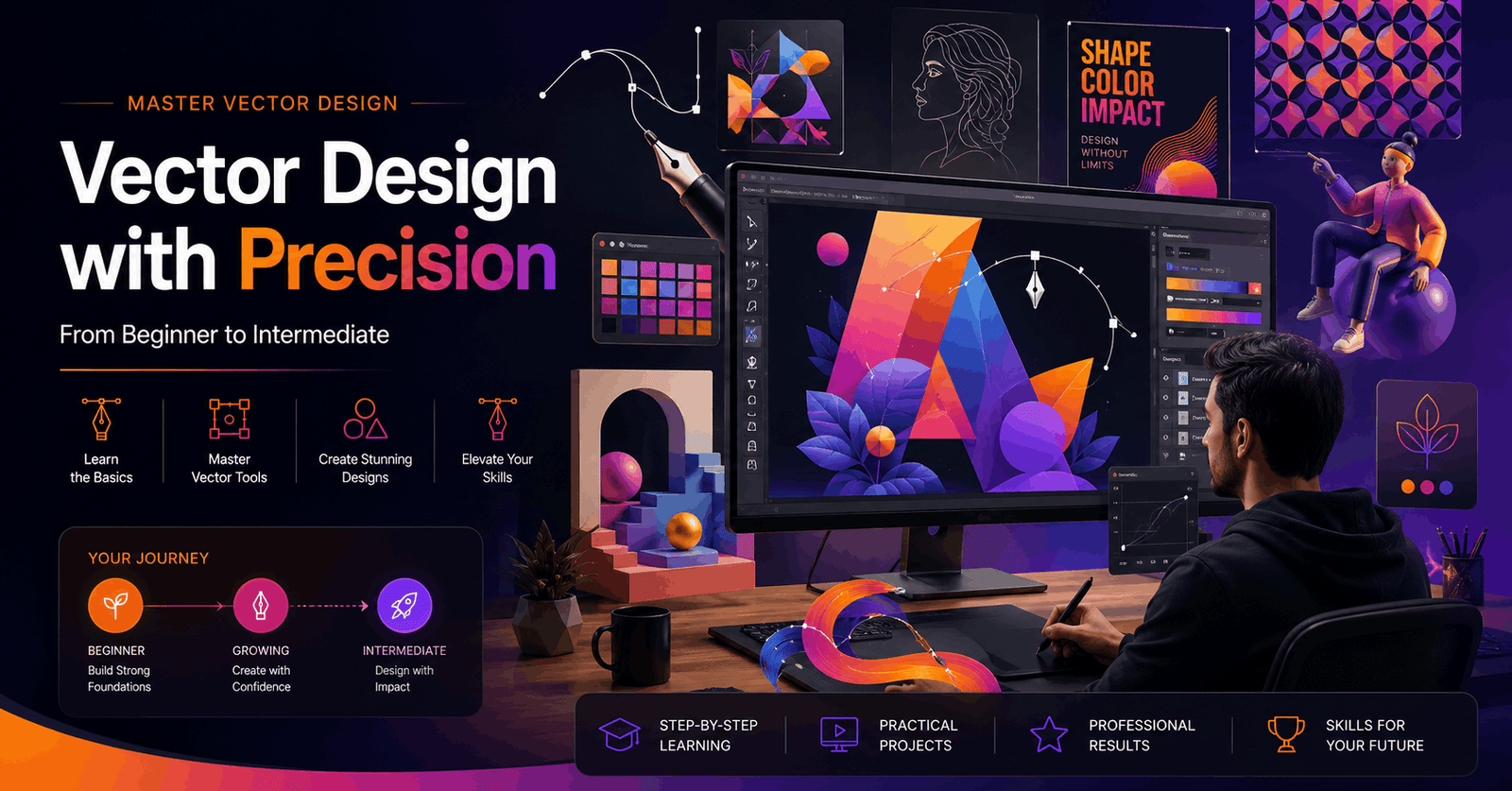 Advanced Illustrator course workspace with custom brushes, patterns, typography, 3D design, grids and vector artwork