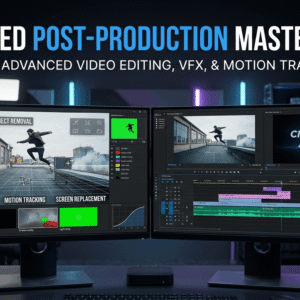 Advanced video editing workspace showing motion tracking, visual effects, masking, compositing and a professional timeline