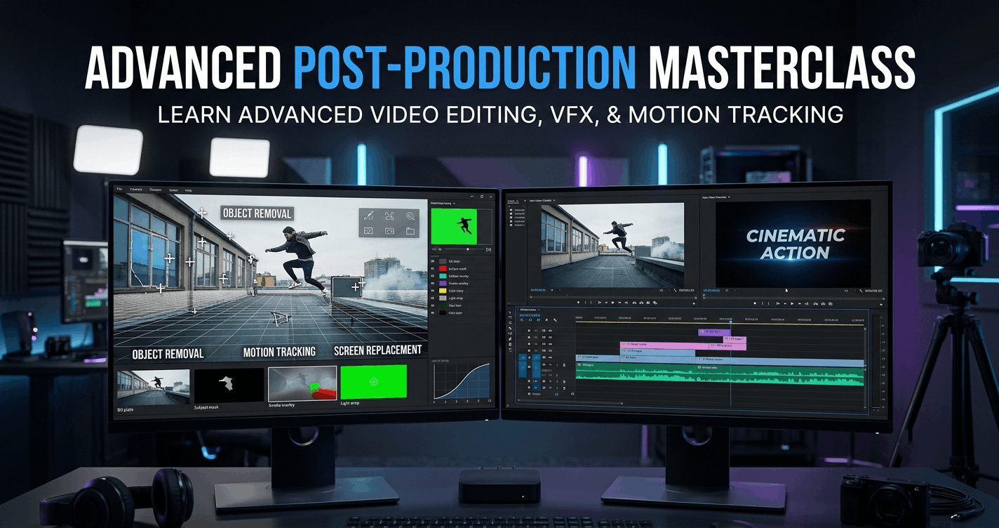 Advanced video editing workspace showing motion tracking, visual effects, masking, compositing and a professional timeline