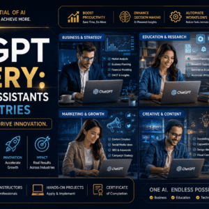 AI assistants course banner featuring ChatGPT, automation tools, business workflows, and industry innovation dashboards