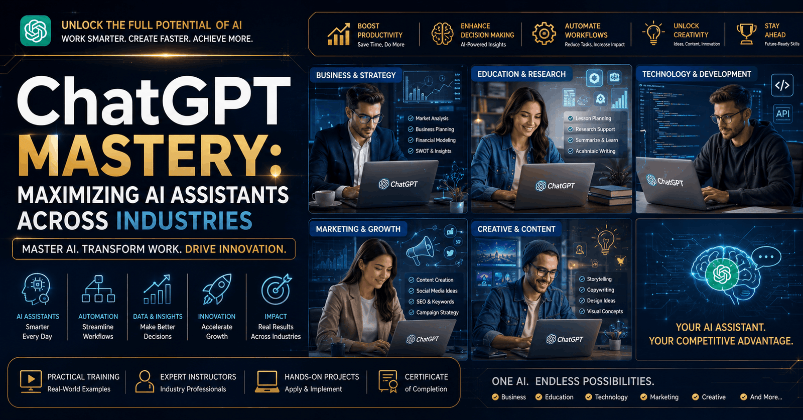 AI assistants course banner featuring ChatGPT, automation tools, business workflows, and industry innovation dashboards