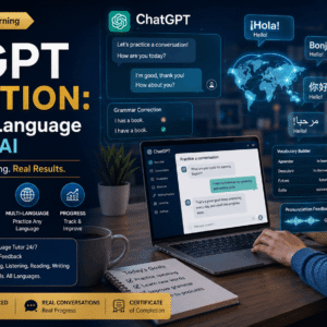 AI language learning banner featuring ChatGPT, language practice, vocabulary building, and smart communication tools