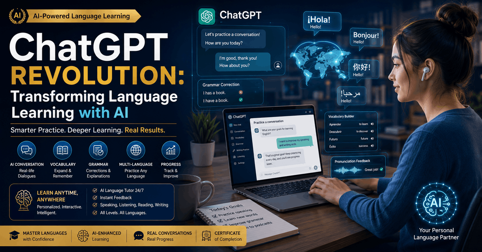 AI language learning banner featuring ChatGPT, language practice, vocabulary building, and smart communication tools