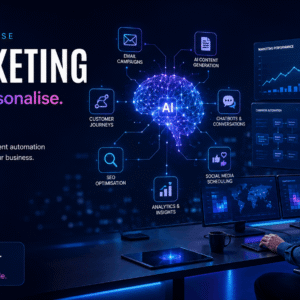 AI marketing dashboard showing automation, personalized campaigns, chatbots, analytics, email and social media growth