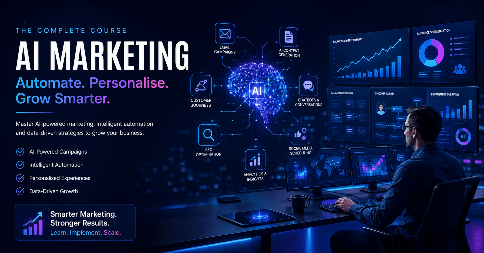 AI marketing dashboard showing automation, personalized campaigns, chatbots, analytics, email and social media growth