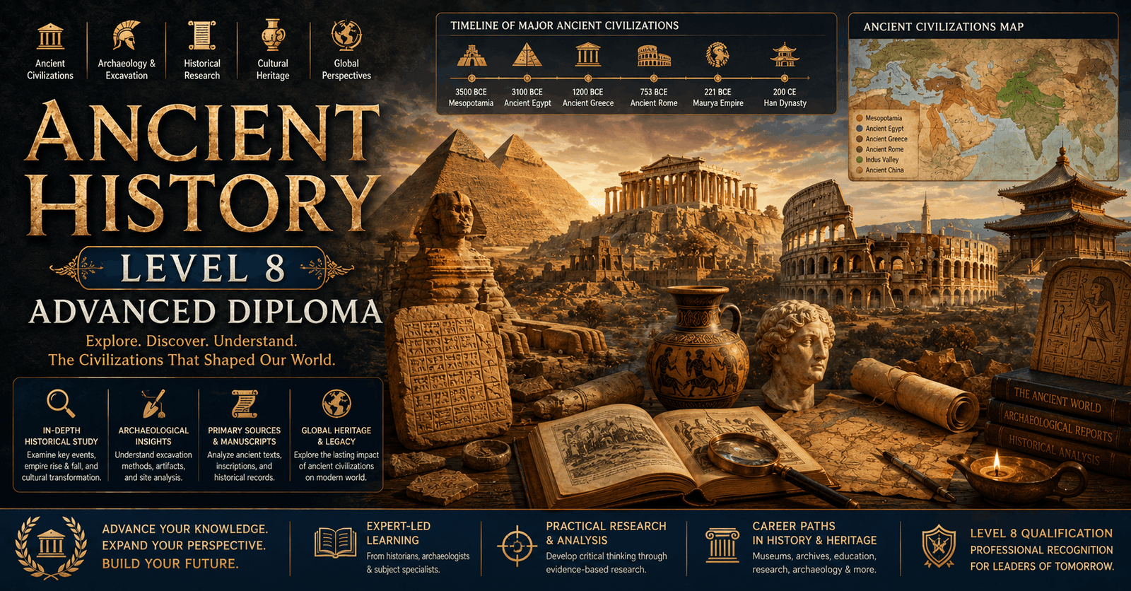 Professional ancient history course banner showing pyramids, Roman ruins, Greek temples, and archaeological artifacts