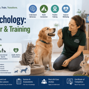 Animal Psychology Course showing dog, cat, rabbit behaviour analysis and pet training in a professional learning environment